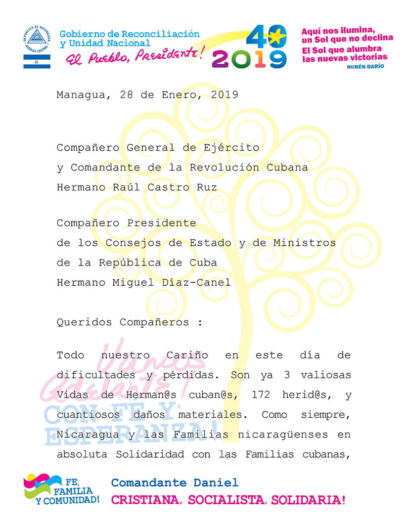 Mensaje de Solidaridad a los Compañeros General de Ejército y Comandante de la Revolución Cubana, Raúl Castro Ruz, y Miguel Díaz-Canel